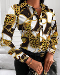 Loose Long Sleeve V Neck Button Print Shirt