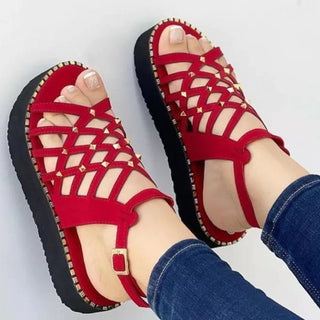 Buy red Grid Patterned Strap Rhinestone Thick Sole Sandals