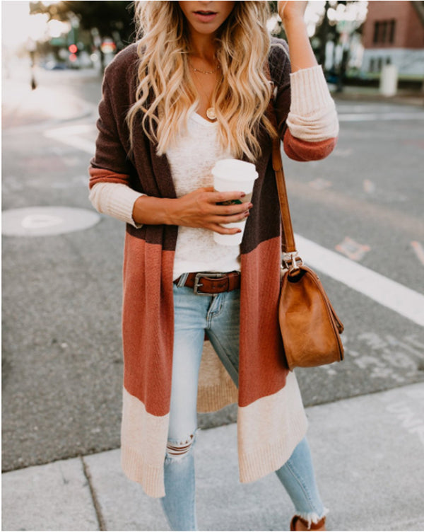 Casual Long Sleeve Tricolor Panel Cardigan