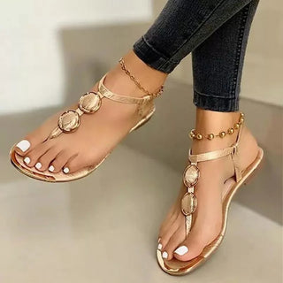 Double Round Buckle Skinny Strap Flat Leather Sandals