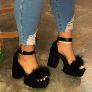 Women Thick-heeled Fuzzy Sandals