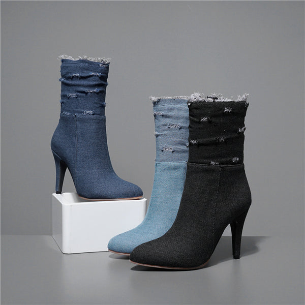 Women Shredded Denim Heeled Boots