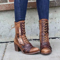 Thick High Heel Lace-up Leather Strapped Boots