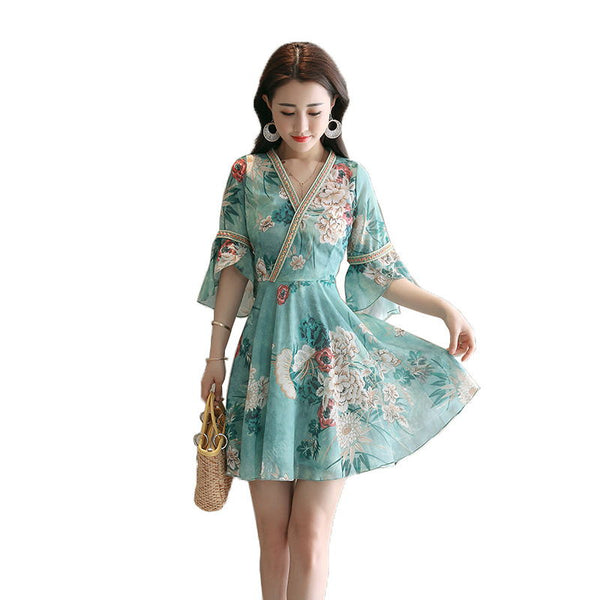 Chiffon Mid-length Flowy Floral Dress