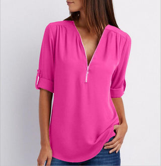 Buy rose-red Women&#39;s Long Sleeve Loose V-neck Shirt