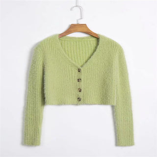 Buy green Cropped V Neck Cardigan Sweater