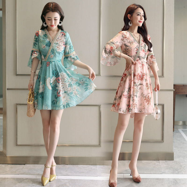 Chiffon Mid-length Flowy Floral Dress