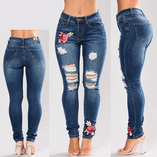 Buy blue Women Floral Embroidered Elasticated Jeans