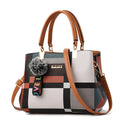 Plaid Patterned Leather Handbag with Pom Pom Extension