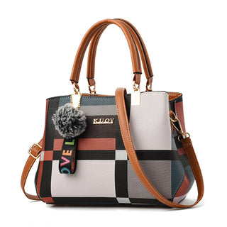 Buy khaki Plaid Patterned Leather Handbag with Pom Pom Extension