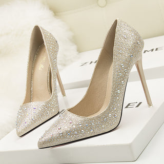 Buy gold Elegant Stiletto Rhinestone Pointed Toe Heels