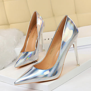 Buy silver Women Glossy Patent Leather Heels