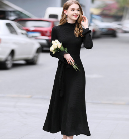 Buy black Women Long Belted Sweater Dress