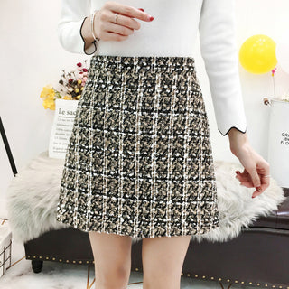 Buy khaki Women Plaid Woolen Skirt