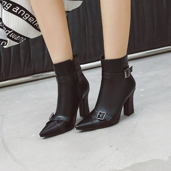 Pointed Toe High Heel Strapped Ankle Boots