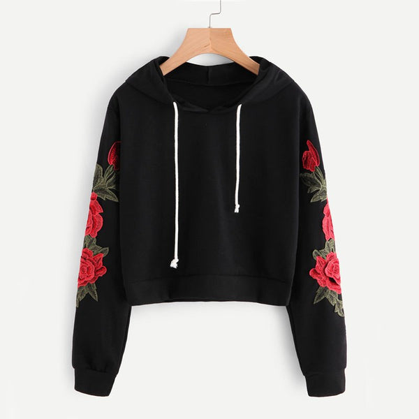 Embroidered Rose Applique Sleeve Hoodie