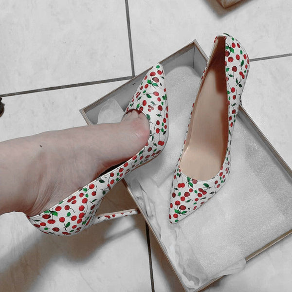 Women Cherry Printed Sheepskin High Heels