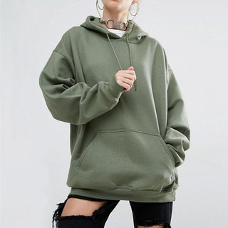 Buy army-green Loose Solid-Colored Drawstring Hoodie