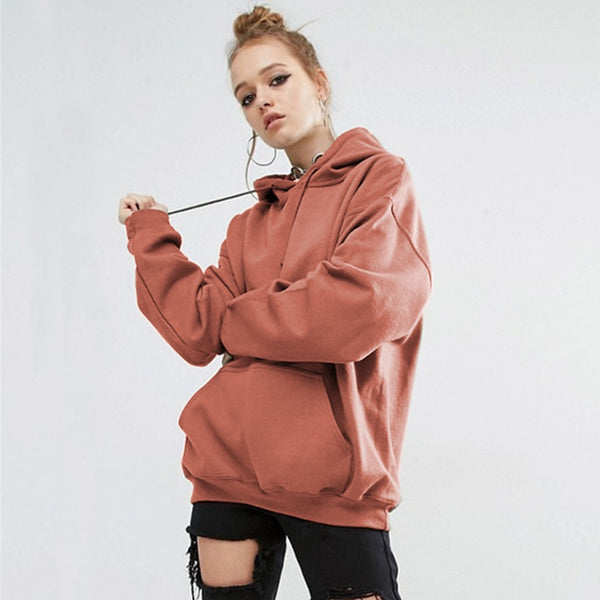 Loose Solid-Colored Drawstring Hoodie