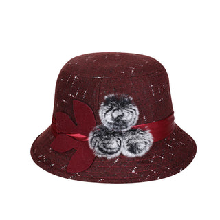 Buy wine-red Woolen Pom Pom Flowered Ribbon Hat