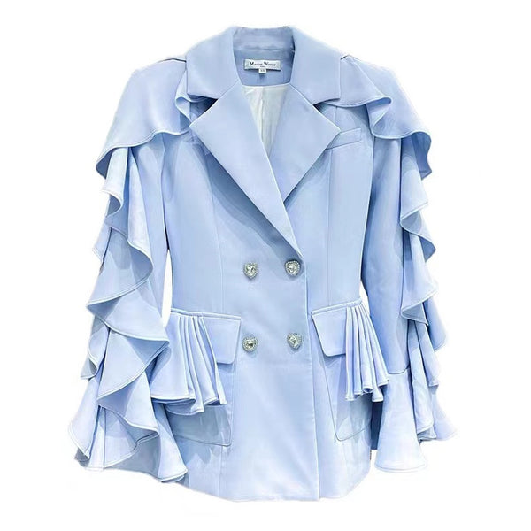 French Ruffle Blue Wave Sleeve Blazer