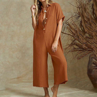 Buy khaki Casual Loose Long Jumpsuit Short Sleeve Rompers