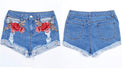 Embroidered Floral Stitching Curled Denim Shorts