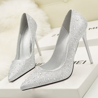 Buy silver Elegant Stiletto Rhinestone Pointed Toe Heels