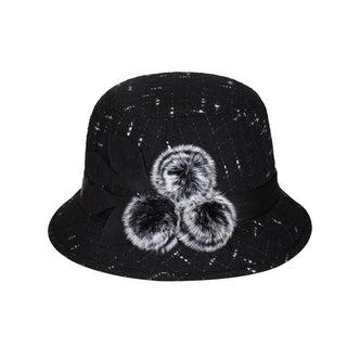 Buy dark-black Woolen Pom Pom Flowered Ribbon Hat