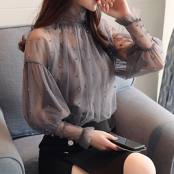 Lantern Sleeve Mesh Chiffon Top