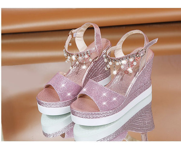 Hanging Strap Sparkly Wedge Platform Sandals