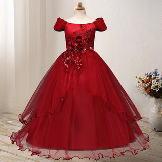 Buy red Girls One-shoulder Princess Flower Dress