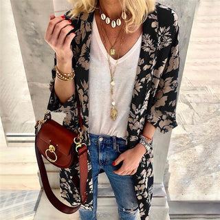 Buy black Floral Printed Loose Polyester Thin Cardigan