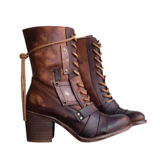 Buy brown Thick High Heel Lace-up Leather Strapped Boots