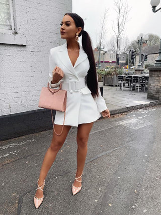 Women V Neck Belted Blazer Dress