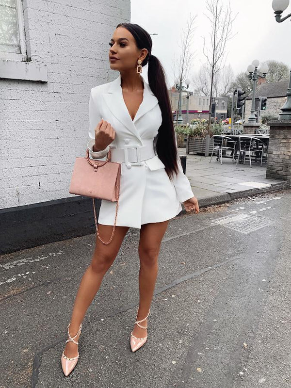 Women V Neck Belted Blazer Dress