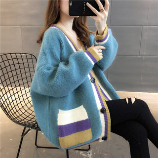 Buy blue Striped Edge Thick Cotton Cardigan Sweater