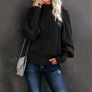 Buy black Mid Neck Loose Knit Solid Color Sweater