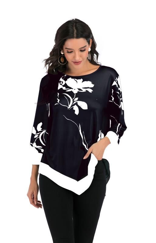 Women Floral Black White Blouse