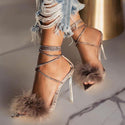 Women Feather Strap Crystal High Heels