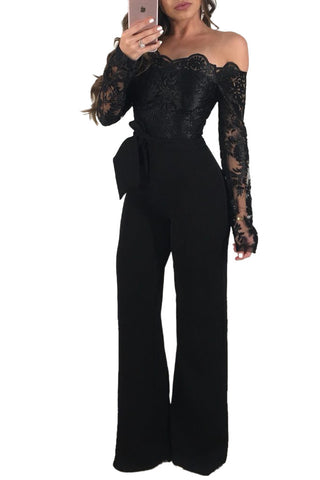 Buy black Lace-neck wide-leg jumpsuit