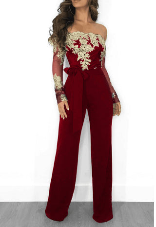 Buy red Lace-neck wide-leg jumpsuit