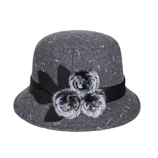 Buy grey Woolen Pom Pom Flowered Ribbon Hat