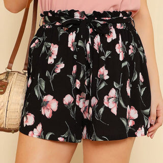 Buy black Floral Wide Leg Loose Shorts