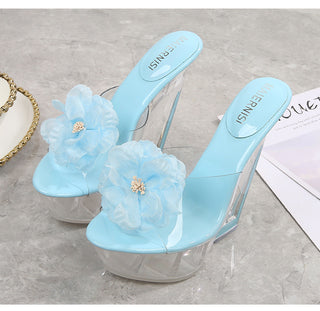 Buy blue Floral Transparent High-heeled Platform Wedge Sandals