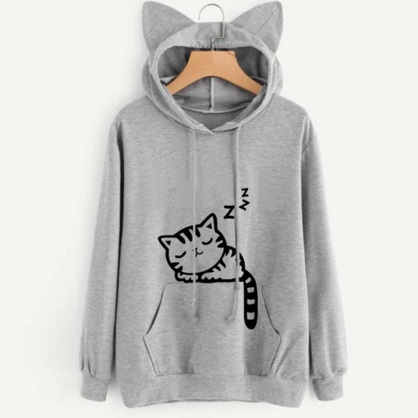 Cat Ears Printed Drawstring Hoodie