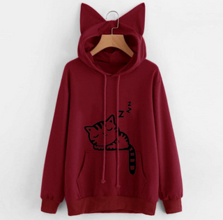 Buy wine-red Cat Ears Printed Drawstring Hoodie