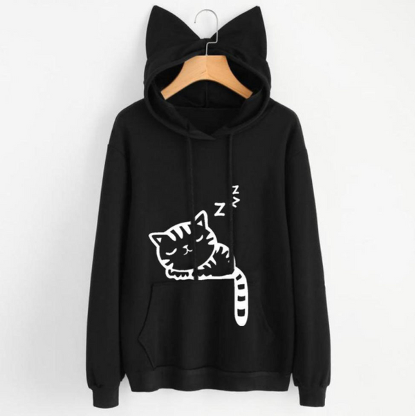 Cat Ears Printed Drawstring Hoodie