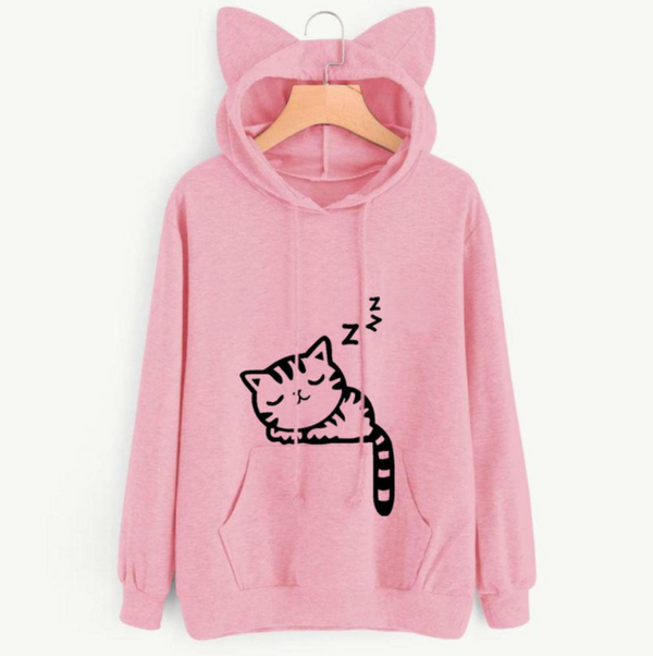 Cat Ears Printed Drawstring Hoodie