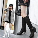 Women High Tube Leather Buckle Heeled Boots